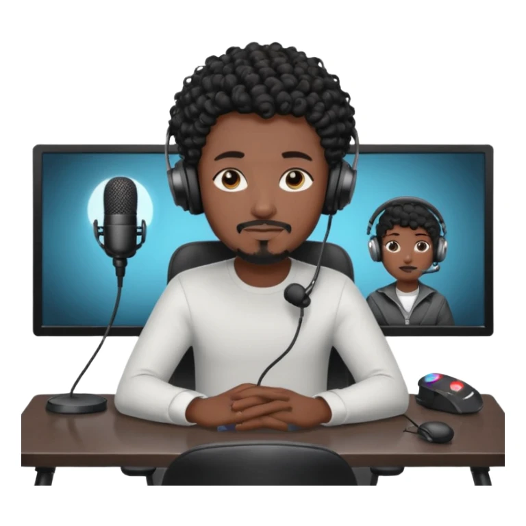 a setup of a youtuber his blach curly short hair, a thin goatee, with a desktop pc on a table, a gaming chair, microphone, ring light sticker