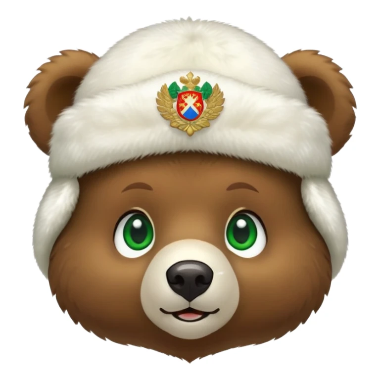 Adorable tiny brown bear face with sweet expression and green eyes, wearing only a white fur ushanka hat with clear Russian coat of arms, no body or clothing visible, iOS emoji style sticker