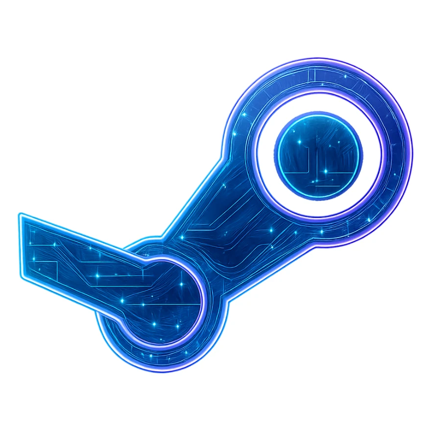 Transform the Steam icon into a cyberpunk, holographic style with glowing neon blue and pink edges and circuit patterns throughout. Maintain the exact shape and proportions of the original Steam logo, overlaying neon and circuit effects in the same futuristic, clean style as the previous cyberpunk folder and file explorer icons. The icon should have no circle or base, just the icon itself, with a transparent background. Style should reflect a cyberpunk holographic aesthetic with glowing neon blue and pink edges and intricate circuit patterns. sticker