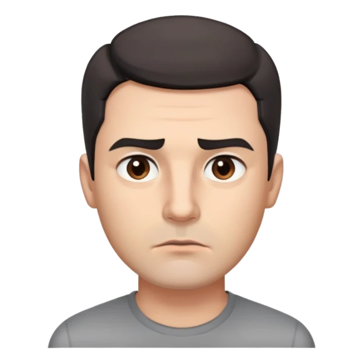 Professional man with square face, defined jawline, full cheeks, overtly skeptical expression, medium brown eyes with paranoid look, prominent eyebrows raised, wide nose, lips pressed together suspiciously, short dark hair, wearing a gray shirt sticker