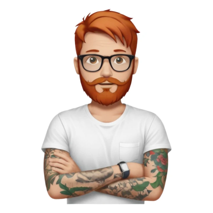 Svelte looking redhead man with sleeve tattoos and a beard and rayban glasses, 38 years old but younger looking sticker
