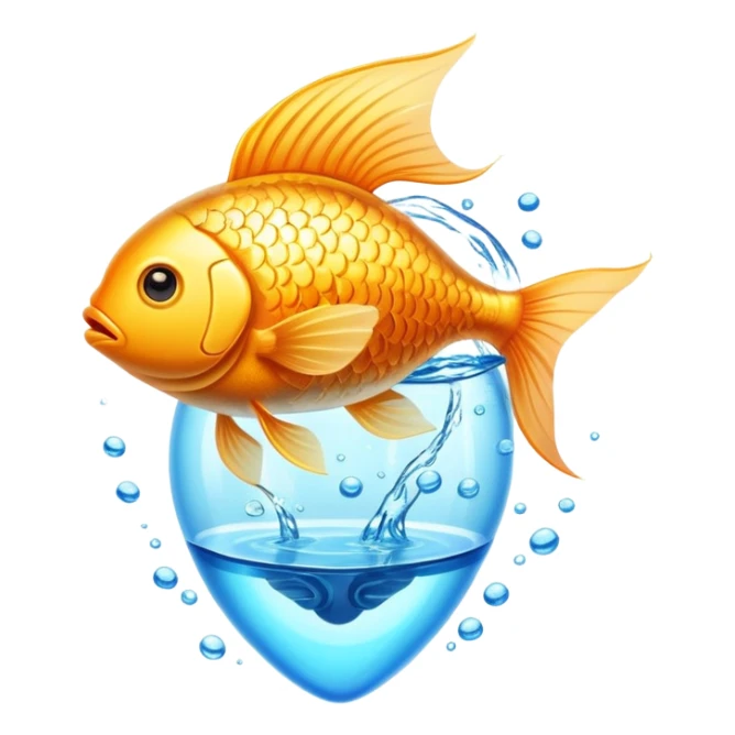 Golden fish in blue water transforming into an omega-3 capsule, with ethereal energy connecting to a heart and brain, showing the origin of omega-3 from fish sticker