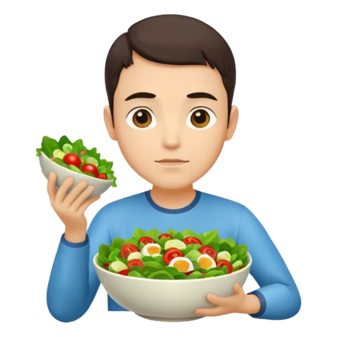 Same avatar, thinking expression, holding a bowl of salad. sticker