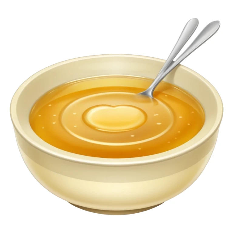 a bowl of golden broth, plain, smooth surface, no spoon, simple, clear sticker