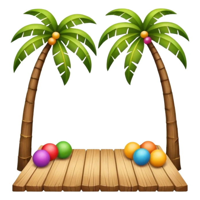tropical summer frame, emoji style, featuring coconut trees, planks, and colorful balls sticker