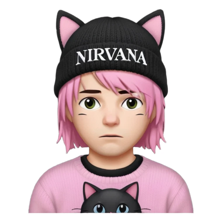 A man with a Knitted hat with black cat ears, black sweater with white lettering in the center that says "Nirvana", pink bob cut and frown with a cold look  sticker