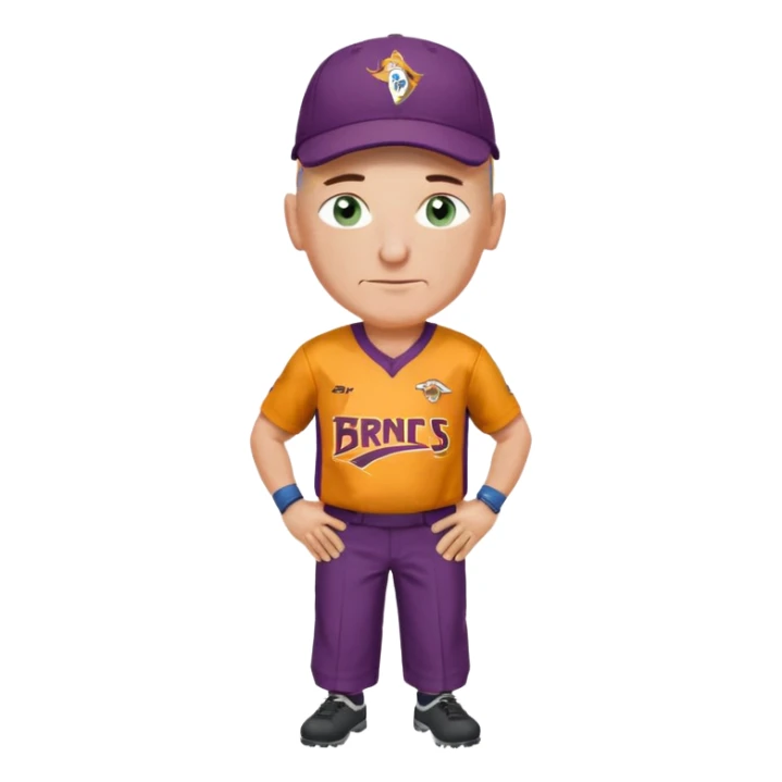 young-ish 50 year old man dressed in a brisbane broncos jersey, bald head, fair freckled skin, happy face, blueish green eyes, wearing brisbane broncos baseball style cap, picture should be down to waist, hands on hips in a player stance sticker