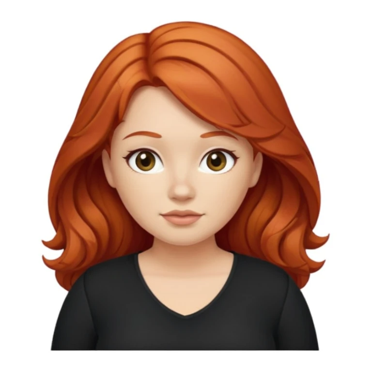 red-haired woman, slightly chubby, mixed hair (straight and wavy), black clothing sticker