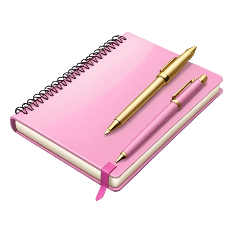 Notebook, gold and pink and white. angled view. with pen sticker