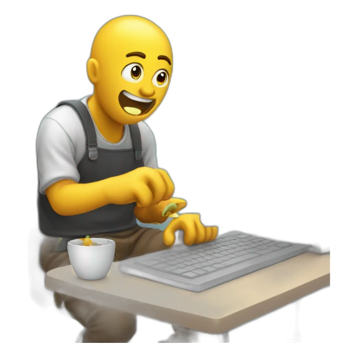 developer eating with one hand and writing code on the keyboard with the other with sweat flying off his head sticker