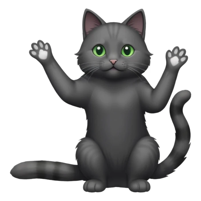 full body gorgeous solid dark grey cat with green eyes, white paws and white whiskers reaching for something sticker