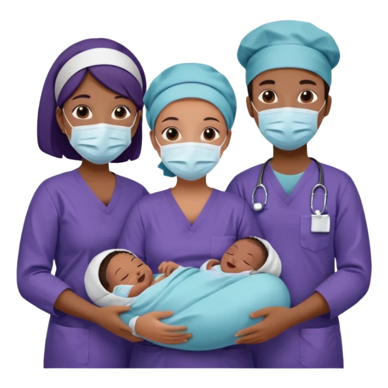 Create Happy & celebrating team faces for a hospital with a newborn saved with dress color as dark voilet sticker