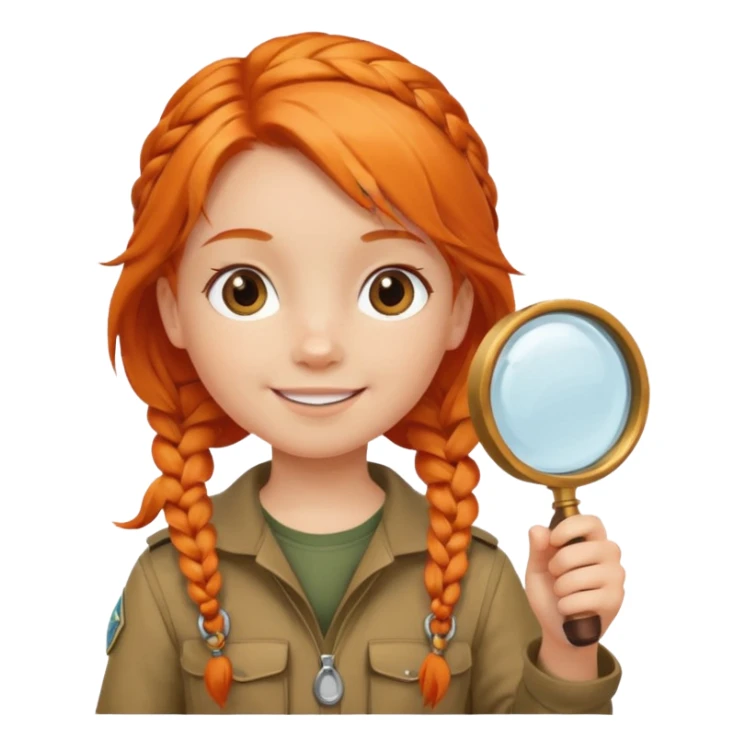 braid orange haired girl kid in explorer outfit, holding magnifying glass sticker
