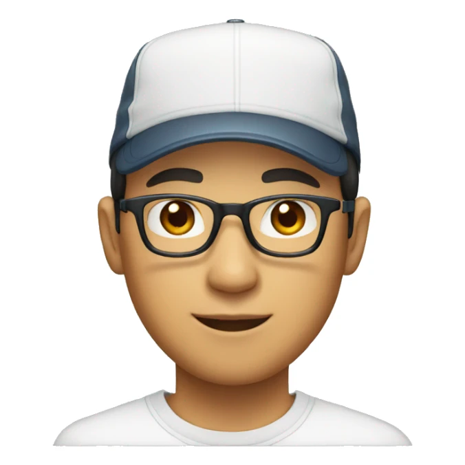 asian male with cap and glasses with a white t-shirt sticker