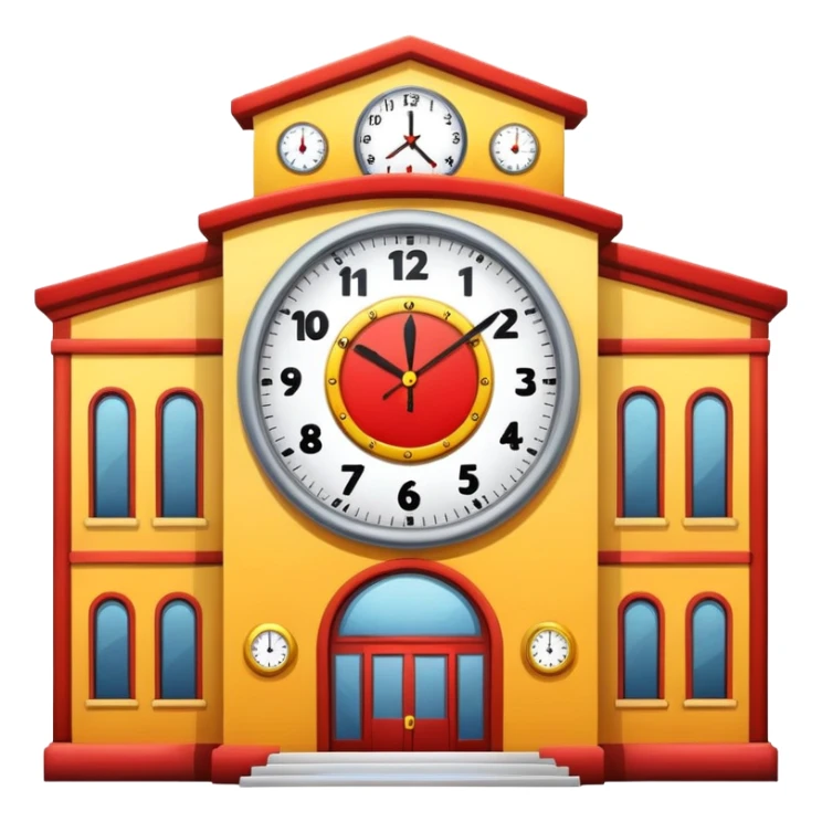 Create an emoji which is red and yellow school with big clock  sticker