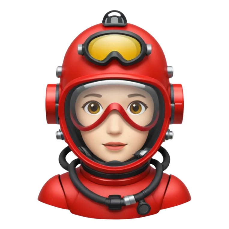 wearing a red scuba diving helmet with glass visor sticker