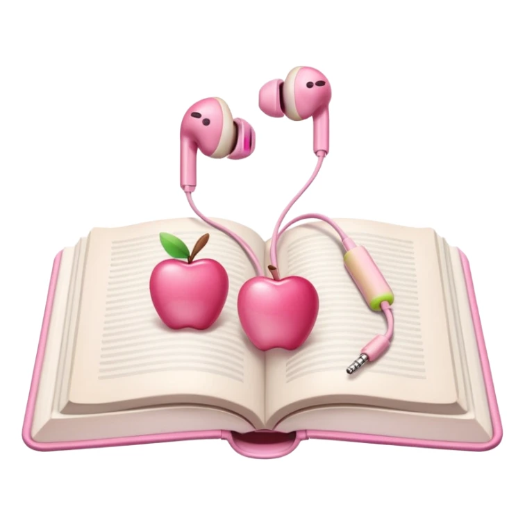  pink Pink Apple-style earbuds lying on an open book, soft pastel tones, cozy and minimal aesthetic, realistic lighting and shadows, top-down view, transparent background" sticker