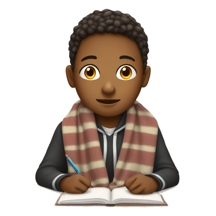 Middle schooler sitting at desk wearing a blanket  sticker