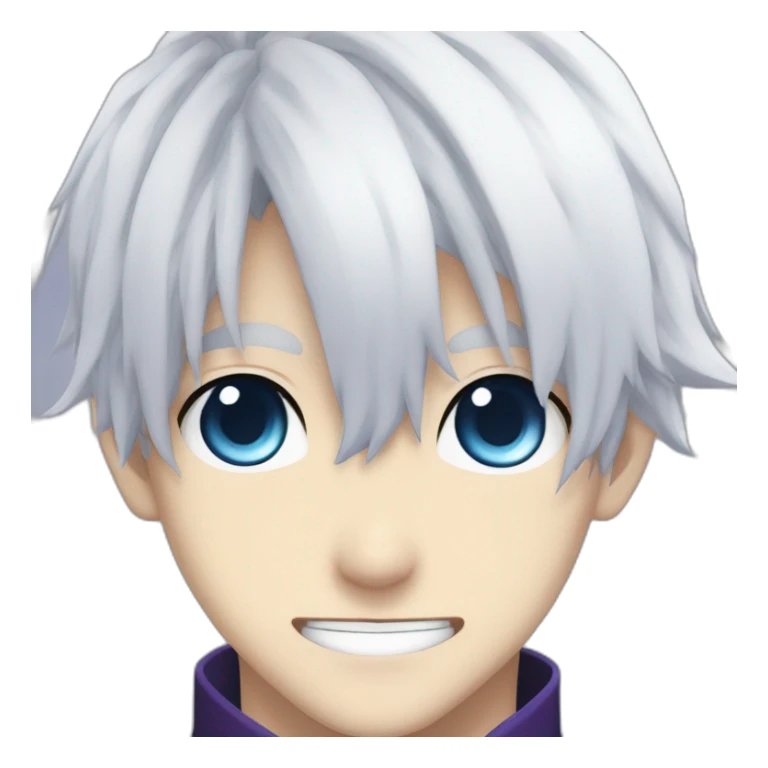 Satoru Gojo with his blue eyes,long white hair, a big friendly smile, dark violet uniform wich hides his neck from jujutsu kaisen sticker