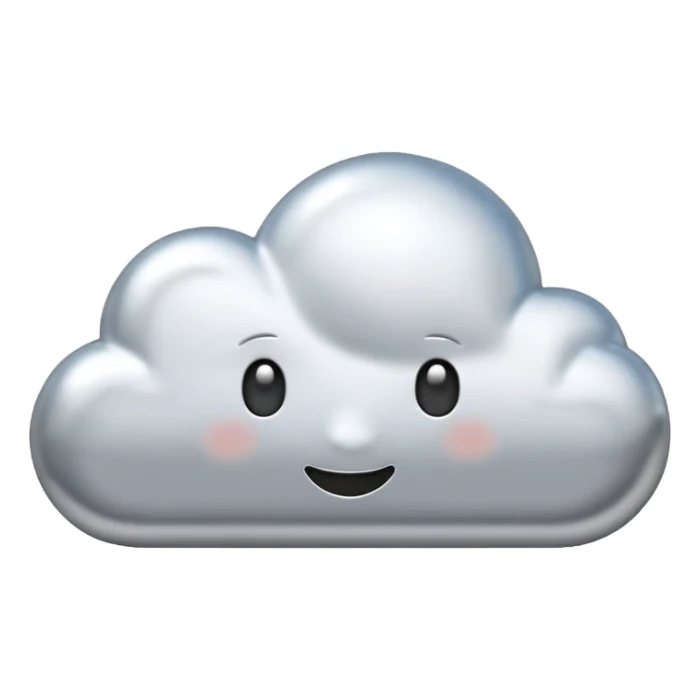 A cute cloud emoji made of silver chrome, smooth rounded shape, glossy metallic surface, soft reflections, minimal and friendly design, iOS emoji style, centered, clean white background, soft lighting sticker
