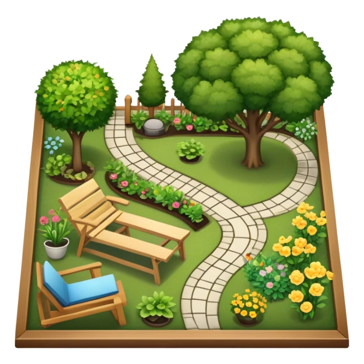 Icon for Landscape Design: a garden layout with trees, plants, pathways, and outdoor furniture, along with design tools like a ruler, pencil and sketchpad. The icon should represent the creativity and planning behind landscape design. Transparent background. sticker