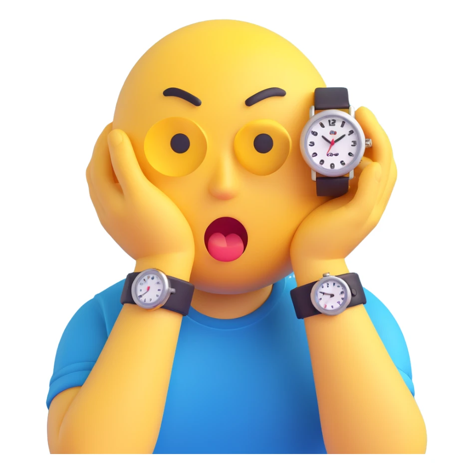 A yellow emoji face with a worried expression, looking at a wristwatch with raised eyebrows, showing urgency and stress sticker