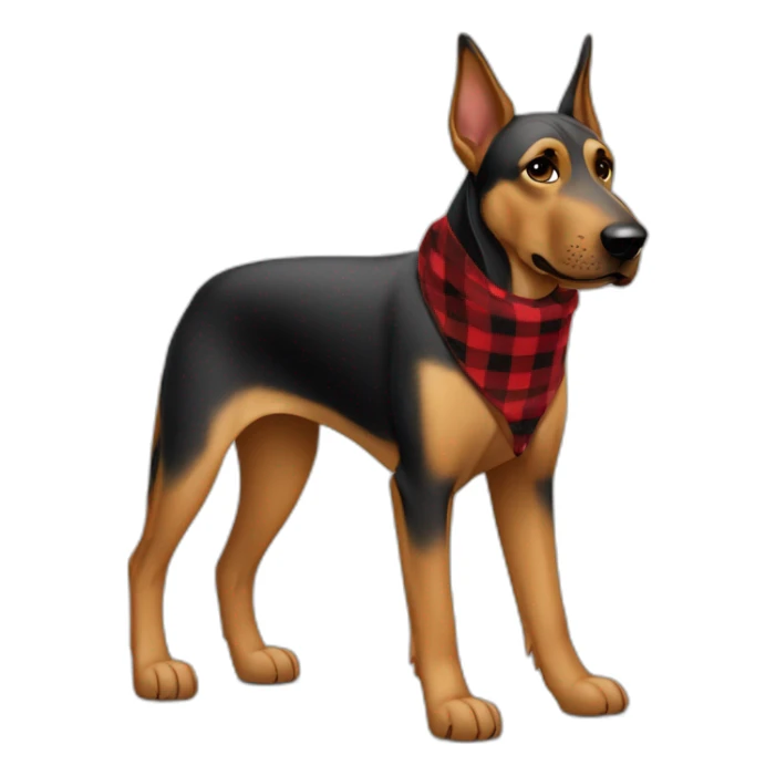 adult 75% Coonhound 25% German Shepherd mix dog with visible tail wearing small pointed red buffalo plaid bandana full body walking left quickly sticker