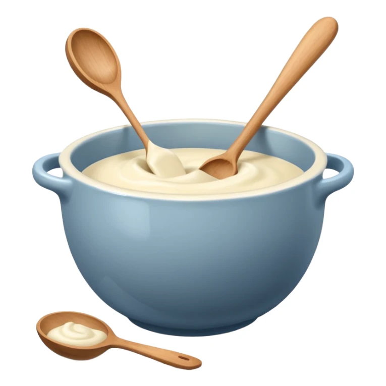 a cream ceramic mixing bowl with a wooden spoon stirring sticker