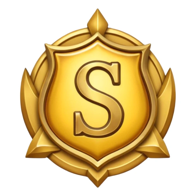 Create a custom emoji badge featuring a stylized, letter “S”. Design it in the Gold rank theme from League of Legends. Use warm gold metallic textures, bright highlights, and a noble, premium feel. Emblem-like and highly polished.
 sticker