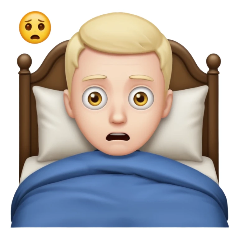 a man lying in bed, wide eyes, startled from a nightmare, apple style emoji sticker