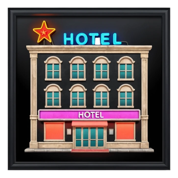 Hotel barato con letrero de neón en la fachada. sticker