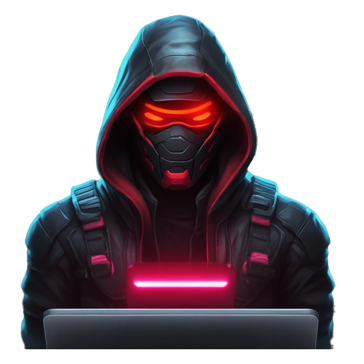 developer behind his laptop with this style : crysis Cyberpunk Valorant neon glowing bright red character dark red black hooded assassin themed character sticker