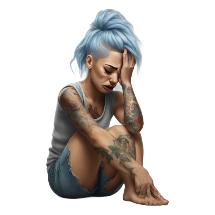 Hyper Realistic Beautiful tattooed woman crying sadly on the floor  sticker
