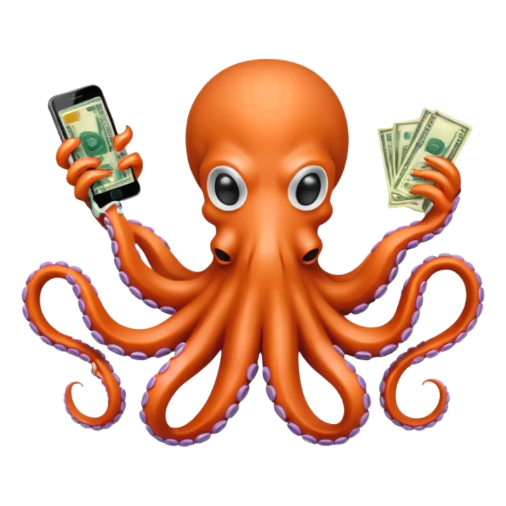 Intimidating octopus with pearl black skin, neon peach suction cups. Evil looking octopus is wearing a white face mask and thick gold necklace. 2 tentacles are holding their own cellphone, 2 more tentacles are holding stacks of money. sticker