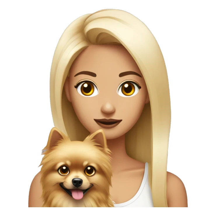 Chica rubia pelo largo y ojos negros con un pomeranian blanco  sticker
