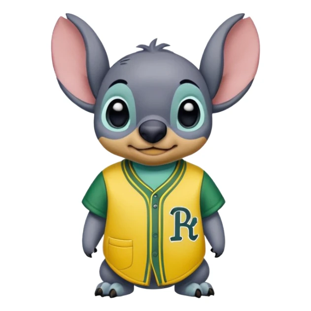 Stitch with a yellow and green baseball jersey with the name royal greys sticker