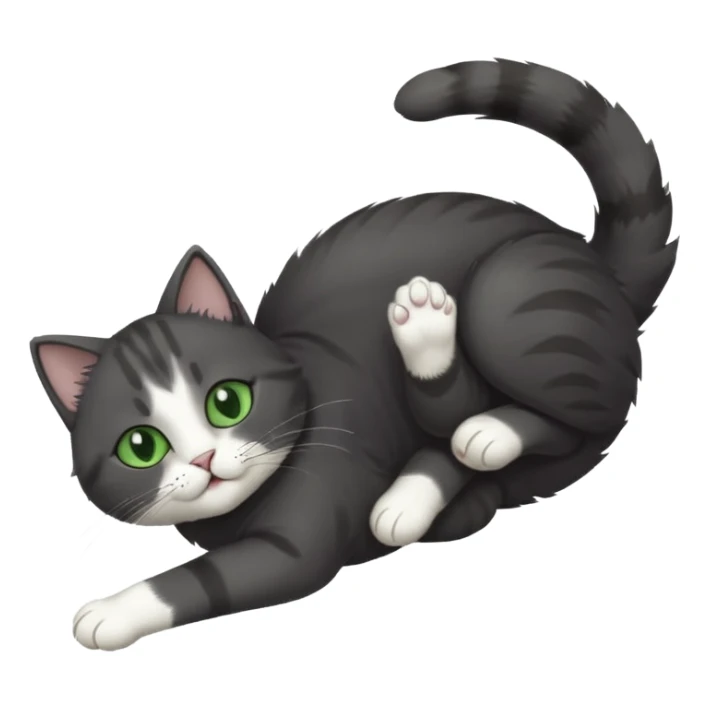 dark grey cat with green eyes, white toes/paws and white patch on her chest playfully rolling upside down sticker