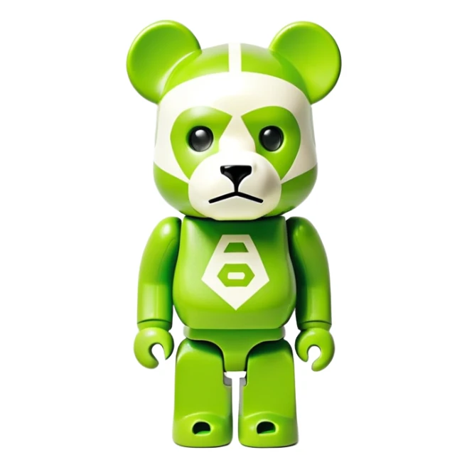 authentic bearbrick figure with geometric bear head, lime green mask with Off-White diagonal stripes logo, distinct eyebrows, collectible toy sticker