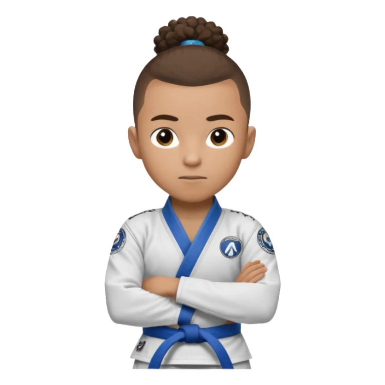 Mixed race boy BJJ instructor with pony tail afro hair and shaved bald sides haircut, Make the hair brown and the belt blue. Add the roger Gracie academy logo on the go also and the p logo of progress jiu jitsu on the right arm sleeve  at the top sticker