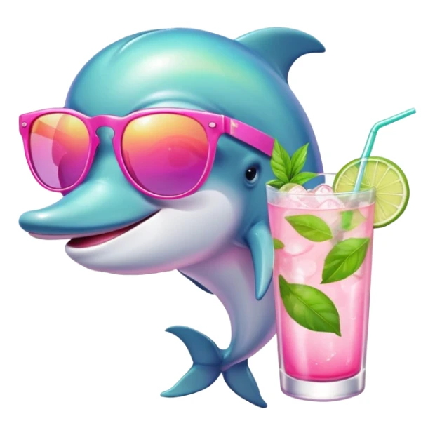 a dolphin with pink sunglasses and a mojito drink  sticker