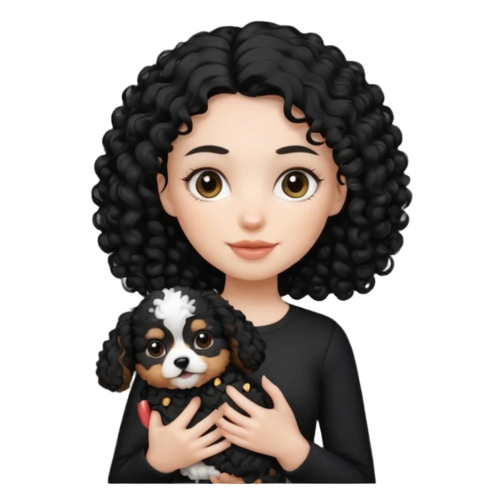 Moça branca com cabelo cacheado preto. Roupa preta e Com um cachorro no colo sticker