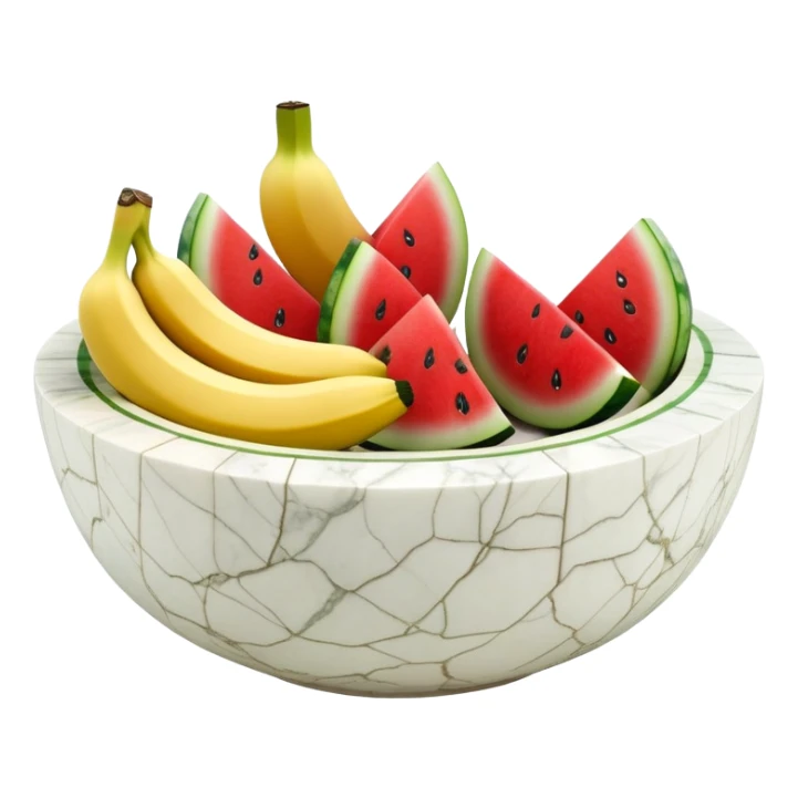 A simple 3D color illustration of a fruit bowl made of white marble with sliced watermelon square small pieces, sliced banana chunks with realistic shading and texture, on a pure white background. sticker