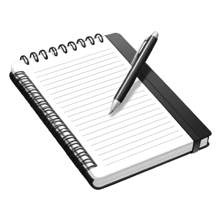 Minimal line-art icon of a notebook with a pen, clean modern style, simple outlines, slightly 3D, no background, transparent, suitable for video overlays, “documenting / journaling / tracking progress” theme. sticker