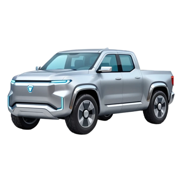A futuristic electric pickup truck emoji, silver chrome body, angular cyber design, smooth metallic panels, subtle reflections, minimalistic proportions, iOS emoji style, centered composition, clean white background, soft lighting sticker