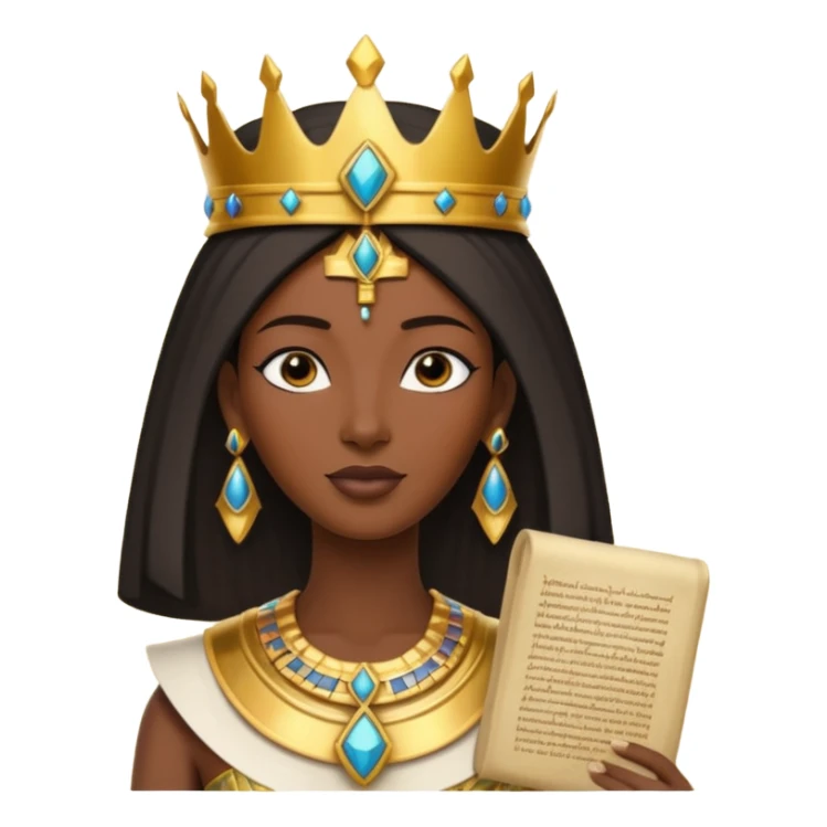 A graceful pharaoh queen wearing a tall crown, elegant posture, and holding a small sacred scroll.
 sticker