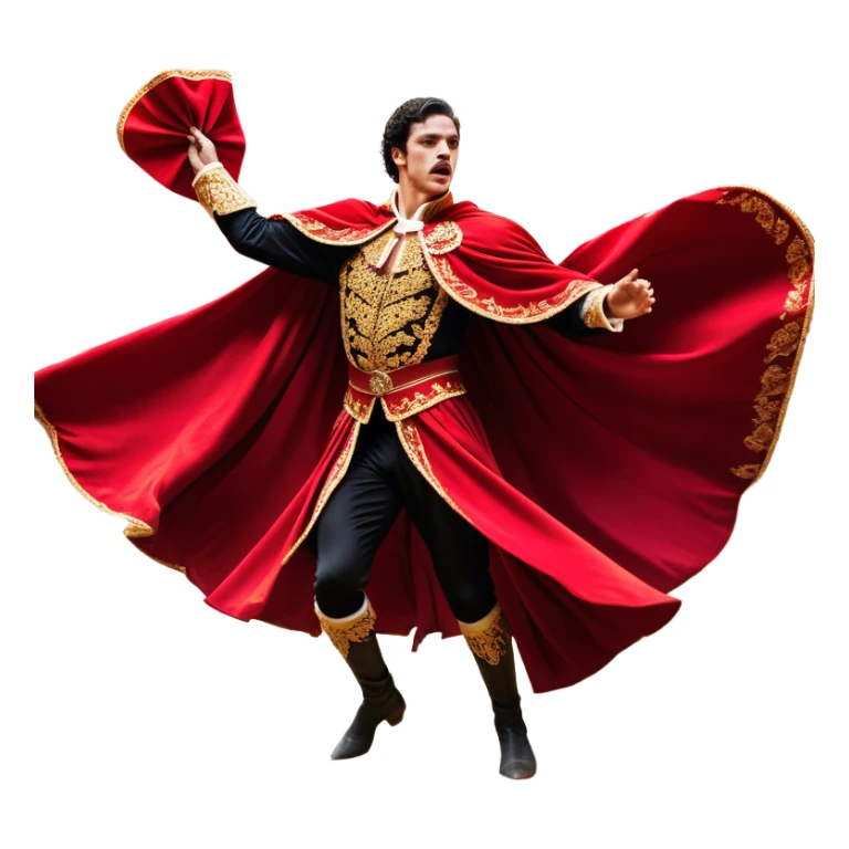 ​Cinematic Realistic Spanish Matador Holding a Red Cape, depicted in mid-action with a vibrant red cape flowing in the wind, dressed in an ornate traje de luces with shimmering details, confronting a charging bull in a dramatic arena, rendered with dynamic motion blur and vivid, high-contrast lighting, sticker