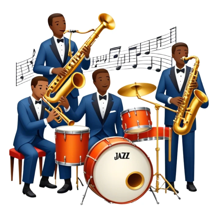 Icon for Jazz Music: The Jazz Messengers, featuring a dynamic composition with Art Blakey on drums and musicians playing saxophone, trumpet, and piano. Musical notes and a warm jazz club atmosphere emphasize the vibrant hard bop style. Transparent background. sticker