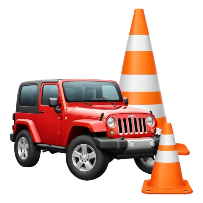 red Jeep Wrangler driving over a completely all-white traffic cone with no orange, no stripes, no markings, emoji style sticker