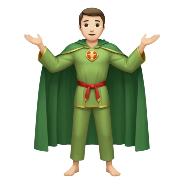 standing up healthy perfect man in simple greenish robe with cape and pants arms open sticker