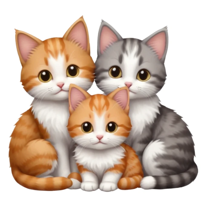 3 very small kittens cuddling together all different colours, the first one is grey and white, the second is ginger and white and the third is brown tabby and white sticker